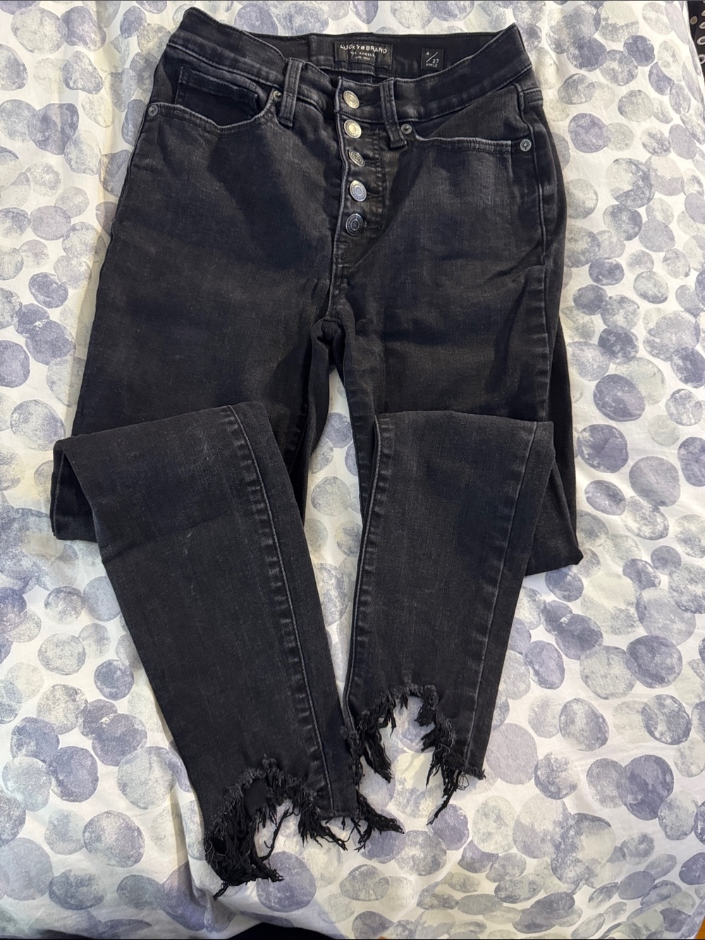Lucky Brand Black Skinny Jeans with Button-Fly and Frayed Ankles